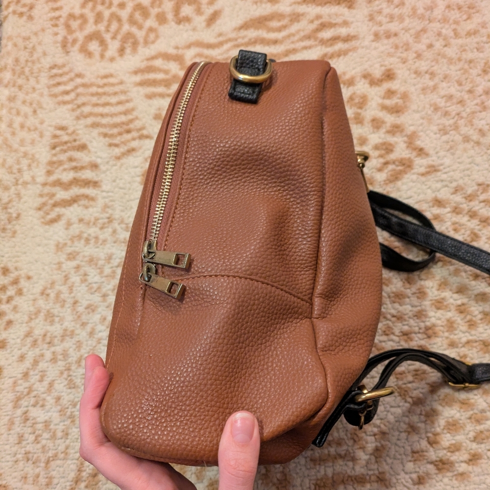 Roolee Caramel Leather Front Zip Backpack Purse - Picture 5 of 16